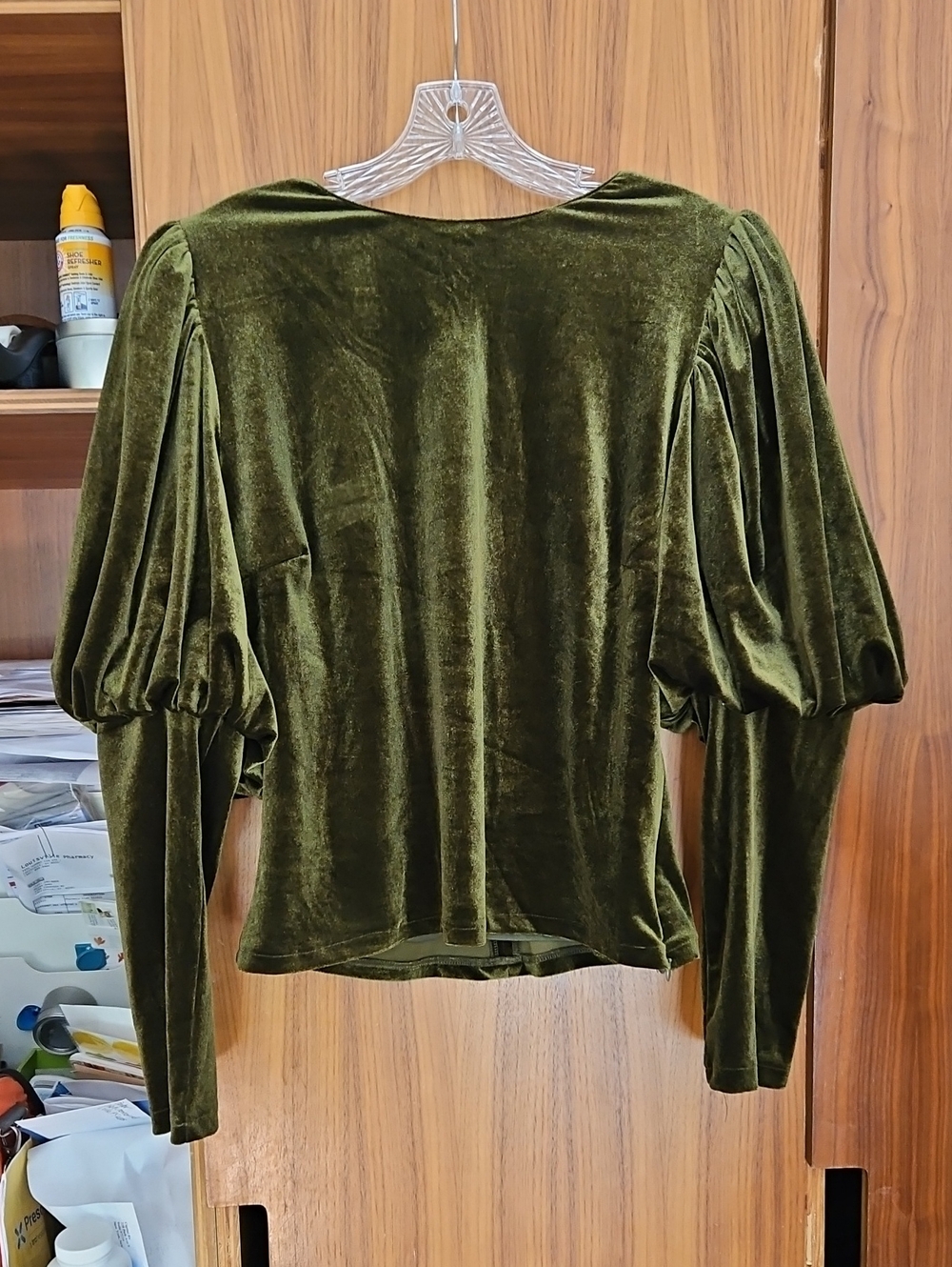 Sunday in Brooklyn Olive Velvet Puff-Sleeve Top